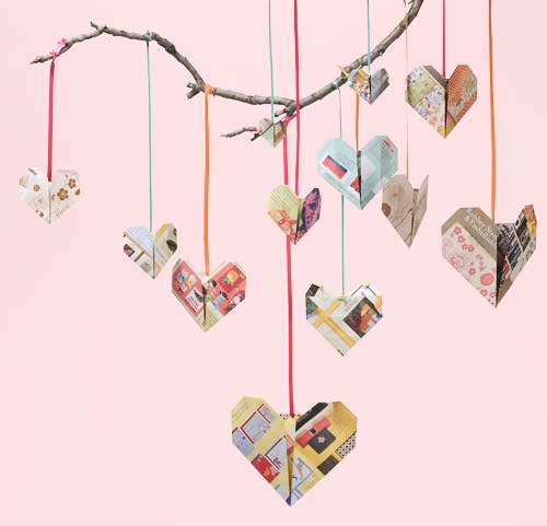 Origami hearts from recycled catalogs