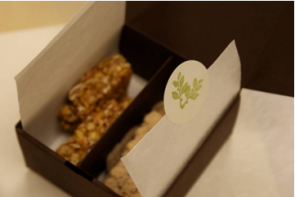 Chocolate favor box, paper, small branch stamp. 