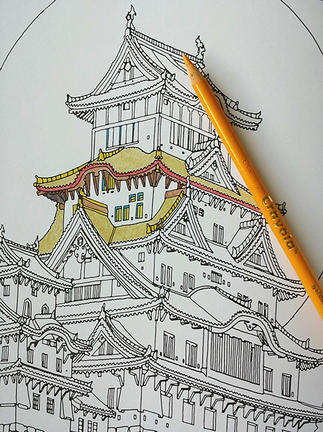 a mostly uncolored picture of a temple