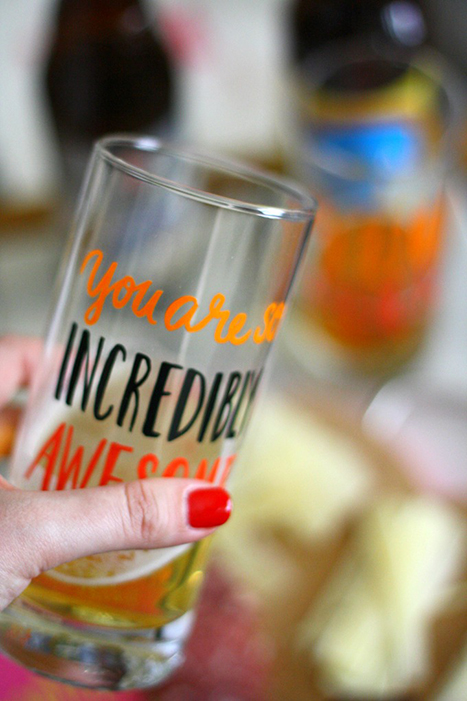 a Paper Source Glass with 'you are so incredibly awesome' written on the side