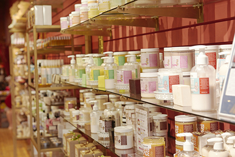 a shelf of products inside mojo spa