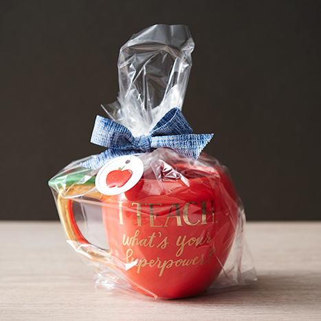 Apple Mug wrapped in cellophane with cute tag for Teacher Gift