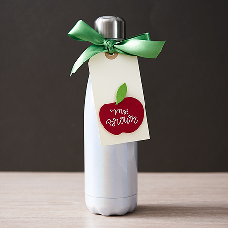 water bottle with apple tag on it for Teacher Gift